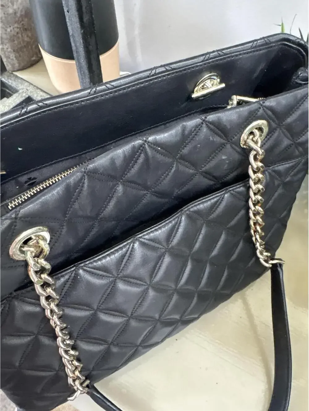 Kate Spade Black Quilted Leather Tote Bag with Chain Handles Purse Ladies